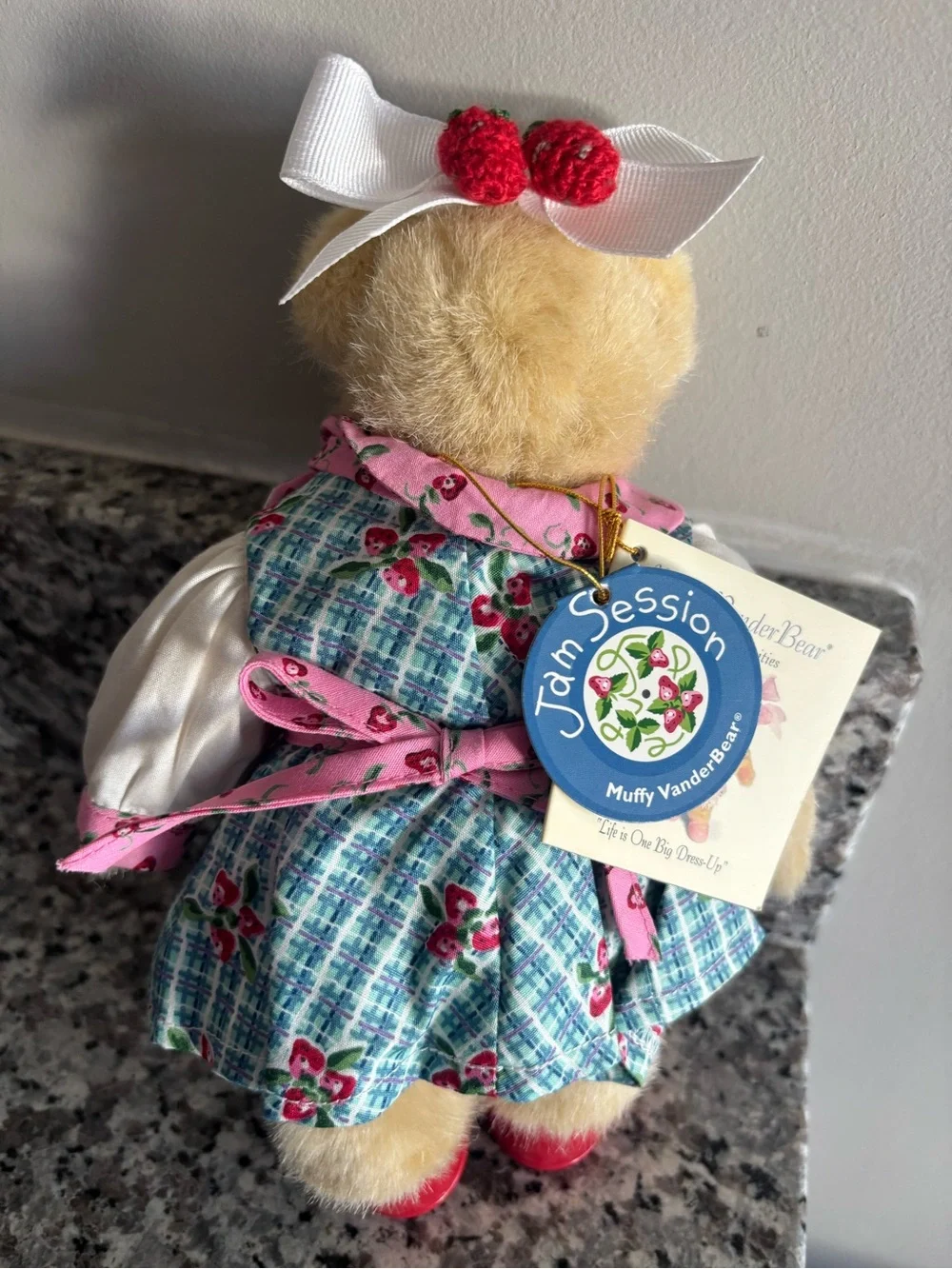 Muffy Classic Plush Bear in Cream with Pink Dress and Red Shoes